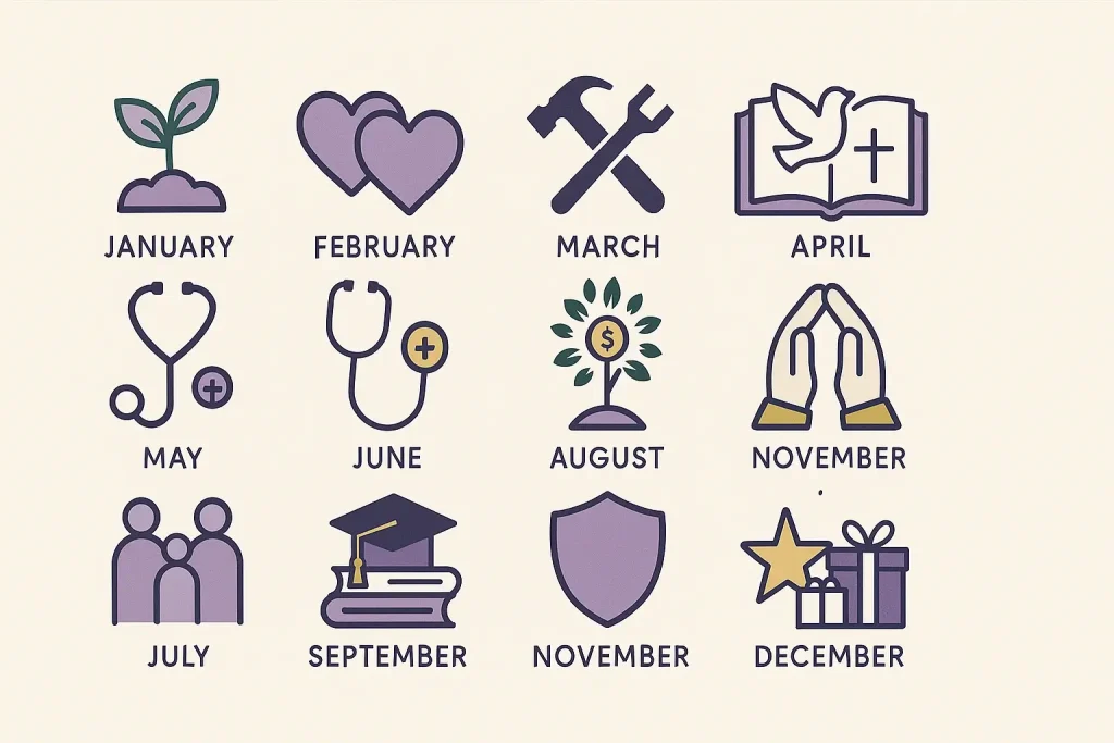 12-month prayer guide showing themes from January to December for monthly success