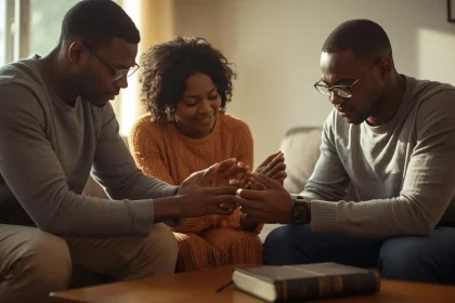 Weekend prayers guide with family praying together for Saturday and Sunday blessings