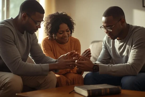 Weekend prayers guide with family praying together for Saturday and Sunday blessings