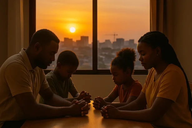 Family praying together on last day of month at sunset with thanksgiving hearts