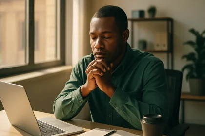 Afternoon prayers guide with person praying at office desk during midday for strength and blessings