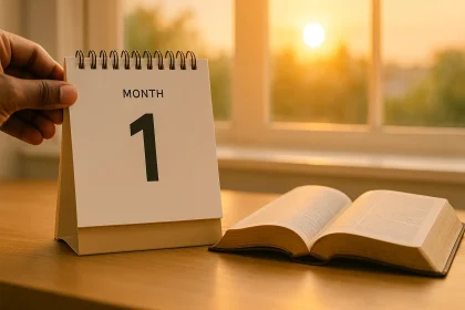First day of month prayer guide with calendar showing day 1 and Bible for new month blessings