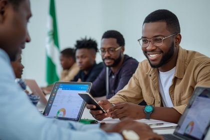 Nigerian students earning money from microtask websites using laptops and smartphones with payment notifications