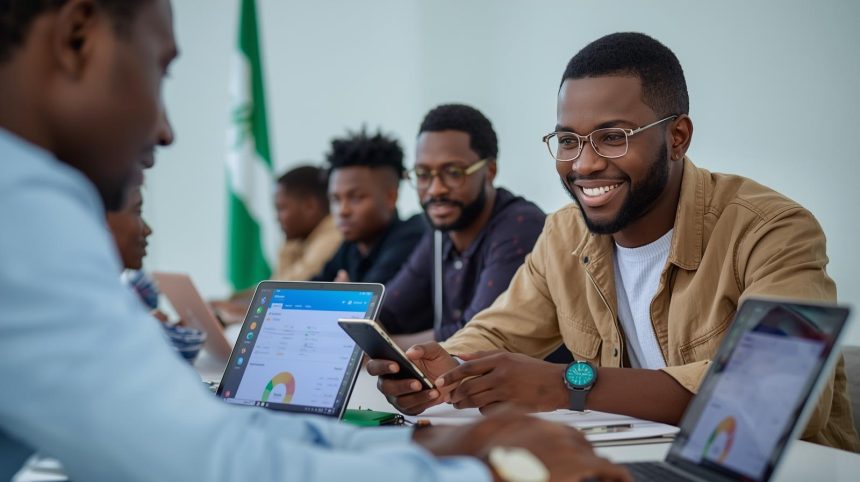 Nigerian students earning money from microtask websites using laptops and smartphones with payment notifications