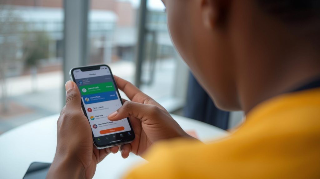 Nigerian student using smartphone for JumpTask mobile microtasks while commuting or studying