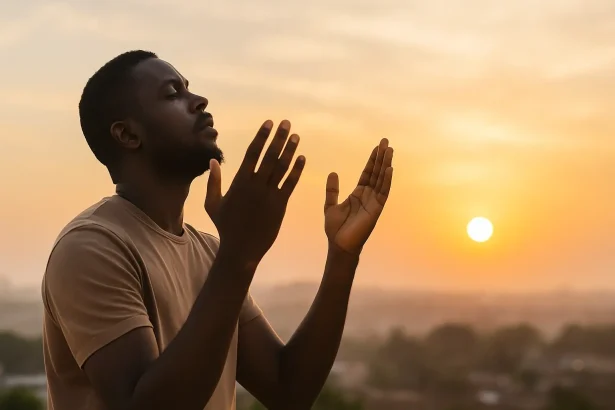 Morning prayer points guide with man praying at sunrise for daily success and blessings