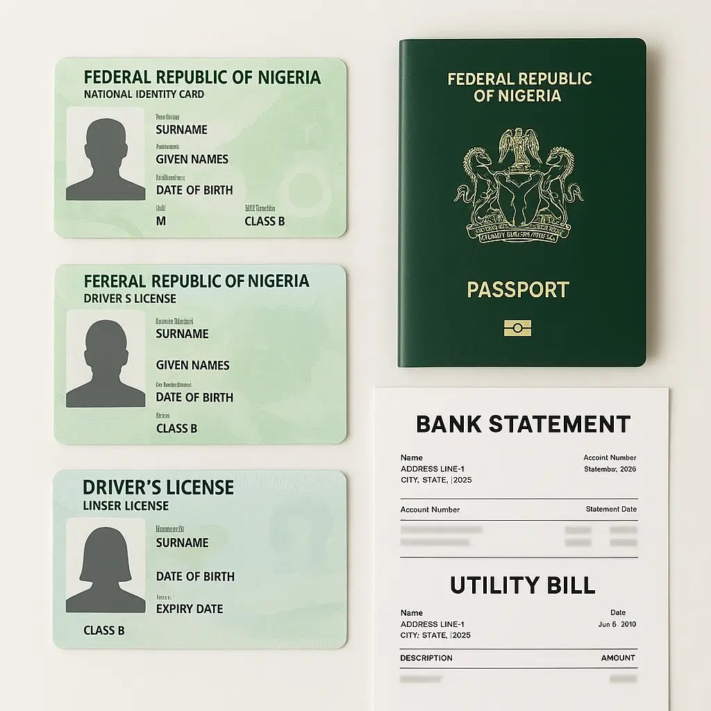 Nigerian verification documents for international payment platforms including ID passport bank statements