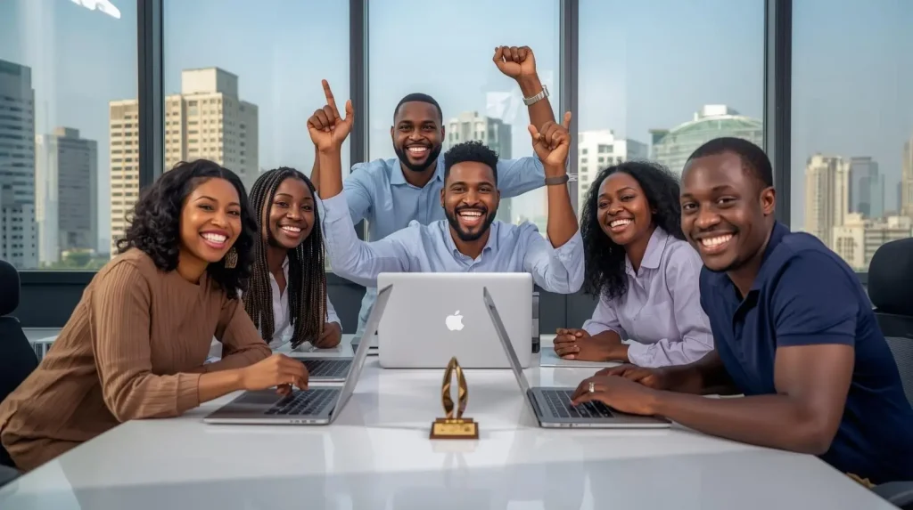 Happy Nigerian remote workers celebrating daily pay jobs nigeria success in modern co-working space environment