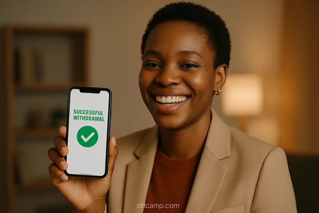 Happy Nigerian using mobile games that pay real money showing successful withdrawal