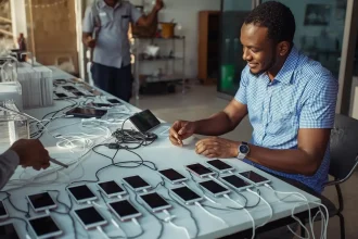 Phone charging business setup in Nigeria showing multiple devices and solar power system