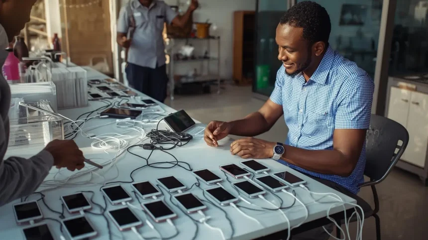 Phone charging business setup in Nigeria showing multiple devices and solar power system