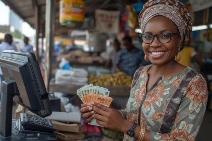 Nigerian entrepreneur counting daily POS business profits with terminal and calculator