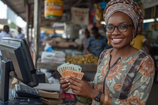 Nigerian entrepreneur counting daily POS business profits with terminal and calculator