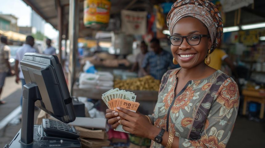 Nigerian entrepreneur counting daily POS business profits with terminal and calculator