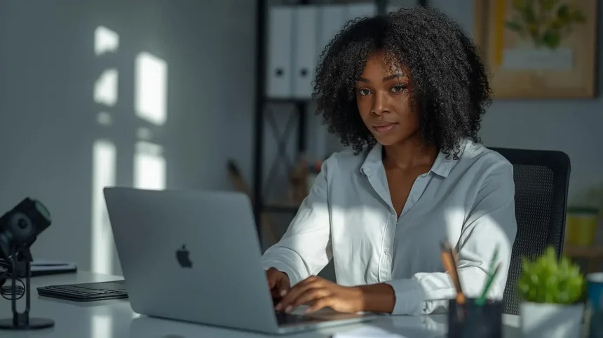 Professional Nigerian woman working on laptop at modern home office desk earning daily payments from remote jobs
