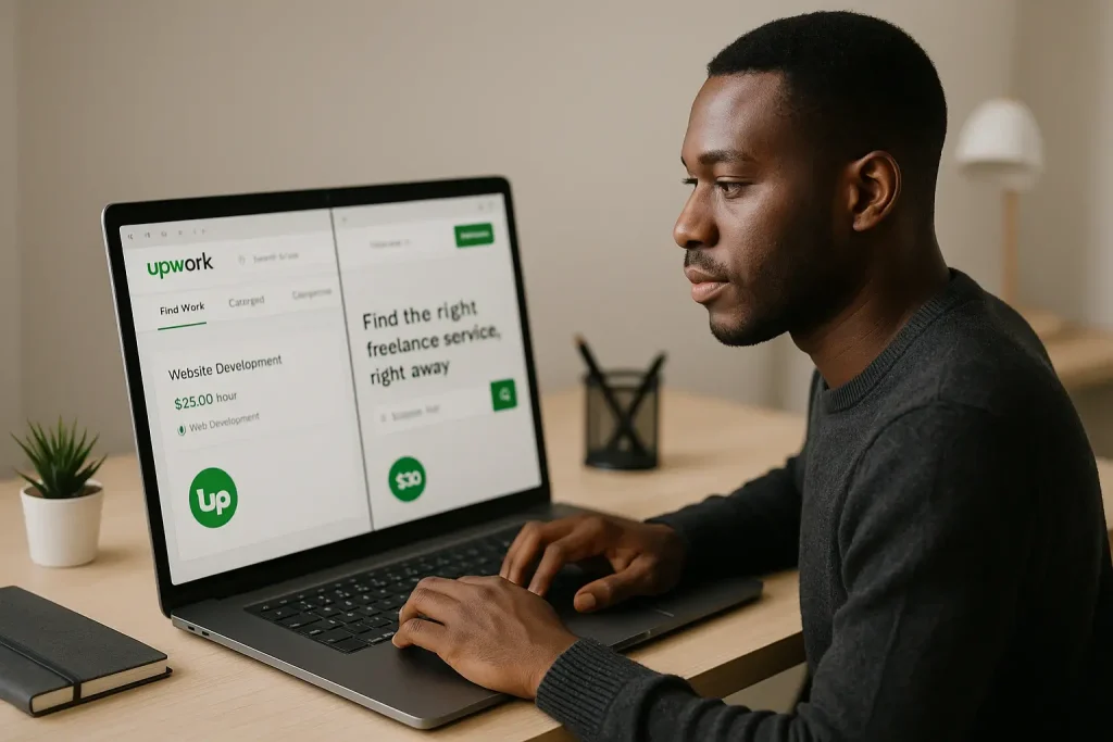 Nigerian freelancer working on multiple freelance platforms including Upwork and Fiverr with pricing dashboards
