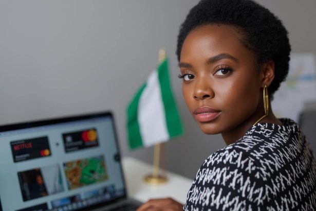 Nigerian professional using virtual dollar card for online payments showing Netflix Amazon and PayPal on laptop screen