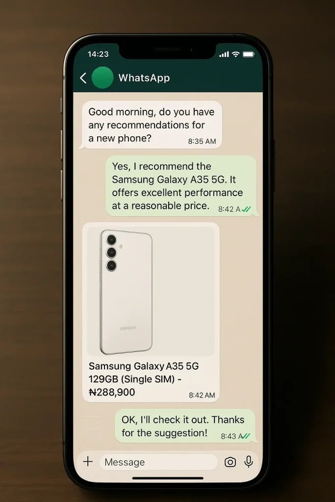 WhatsApp conversation showing effective affiliate marketing message templates for Nigerian audience