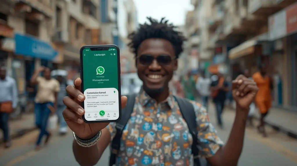 Nigerian affiliate marketer celebrating WhatsApp marketing success with earnings statement visible