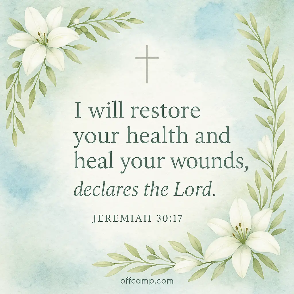 Prayer card featuring Jeremiah 30:17 healing scripture with peaceful watercolor background