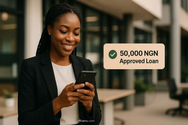 Nigerian professional celebrating 50000 naira loan approval without BVN on smartphone