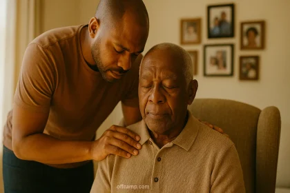 Adult child praying over elderly parent for health and long life