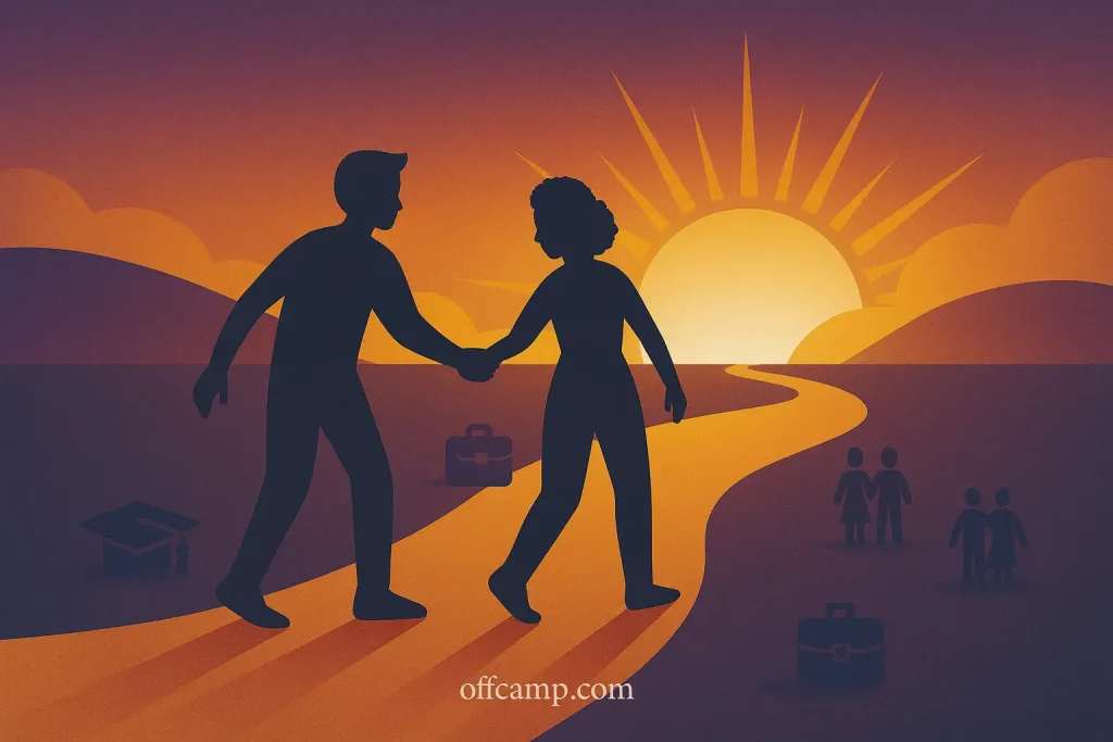 Illustration of siblings supporting each other on path to success