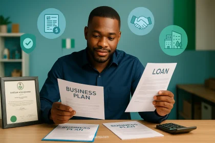 Business owner reviewing documents for business loan without BVN showing alternative verification methods in Nigeria