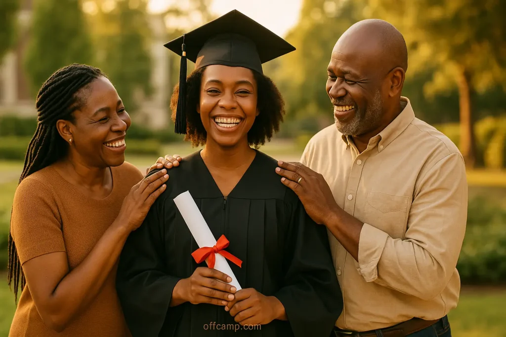 Parents celebrating daughter's graduation success with prayer blessing