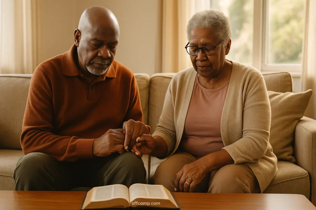 Elderly couple praying together in their home for continued strength