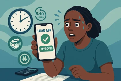 Emergency loan without BVN approved in 5-10 minutes showing smartphone notification and fast money transfer in Nigeria