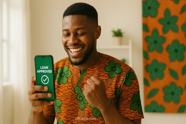 Young Nigerian using smartphone to receive instant 5000 naira loan approval without BVN verification