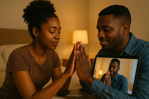 Couple on video call praying together online holding hands to screen