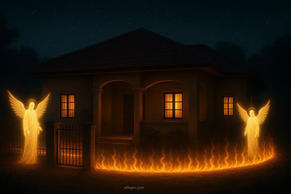 Nigerian house at night with spiritual fire protection and angels guarding against armed robbery attacks