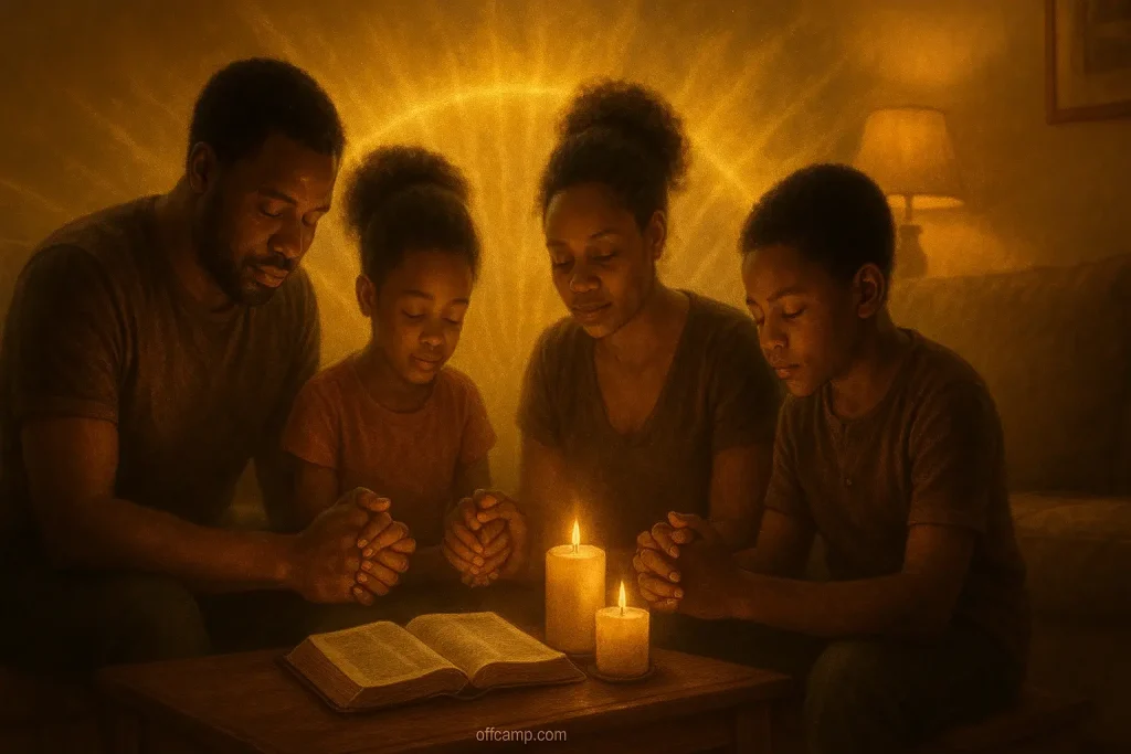 African family praying together at home altar, family deliverance prayer points and protection