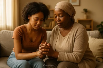 Mother and daughter praying together for future success and divine blessing