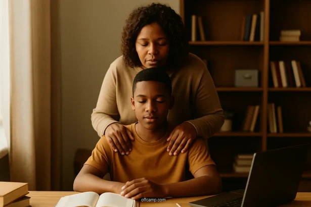Mother praying over son studying at desk for success in education and career