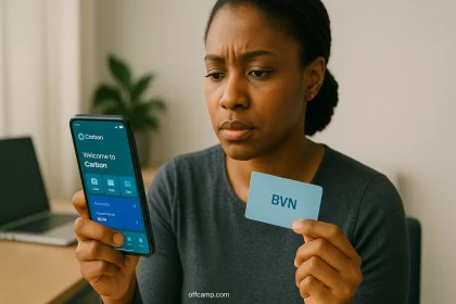 Young Nigerian professional reviewing Carbon loan app requirements including BVN verification on smartphone