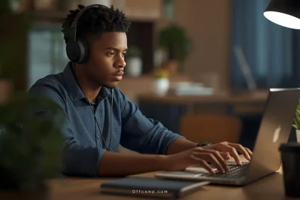 Transcription jobs that pay in Naira showing Nigerian transcriber working from home with computer headphones typing