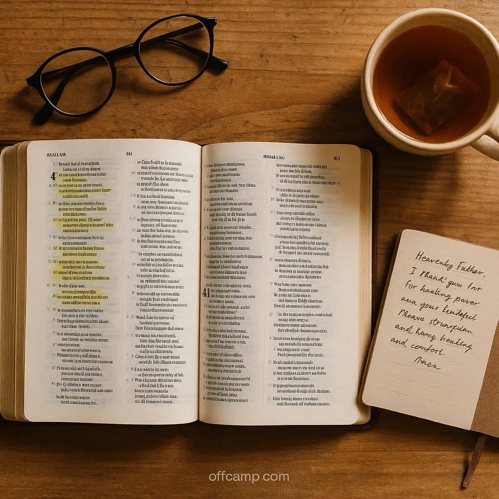Open Bible with highlighted healing scriptures on wooden table with tea and prayer journal