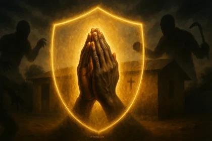 Nigerian Christian praying hands with protective light shield against dark threatening shadows representing robbery protection