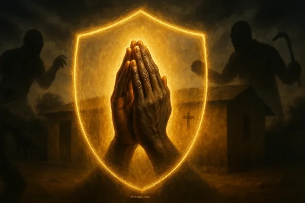 Nigerian Christian praying hands with protective light shield against dark threatening shadows representing robbery protection