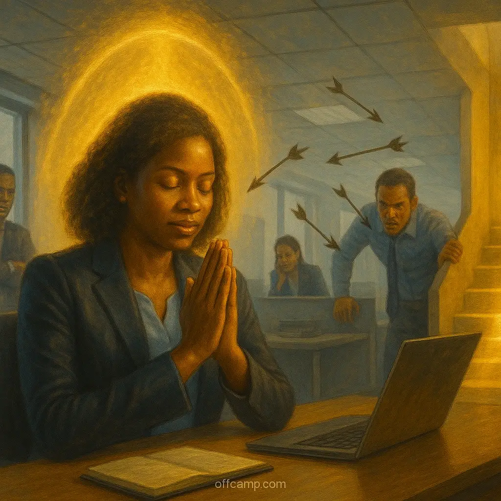 Professional praying for protection from jealous colleagues and workplace enemies with divine favor