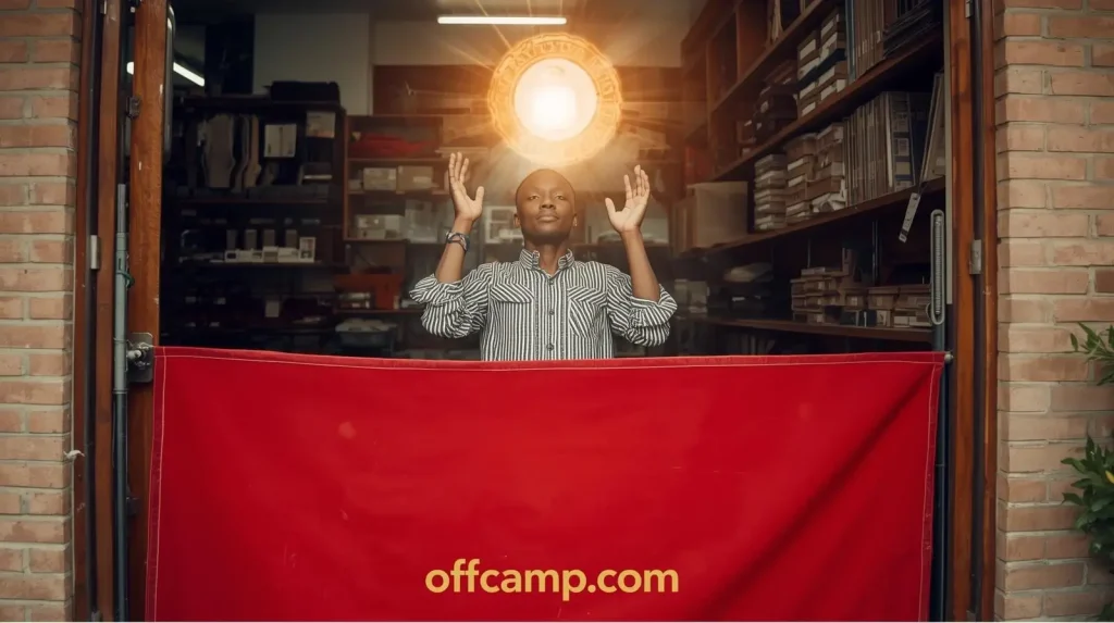 Nigerian shop owner praying over business with spiritual seal of protection against theft and robbery
