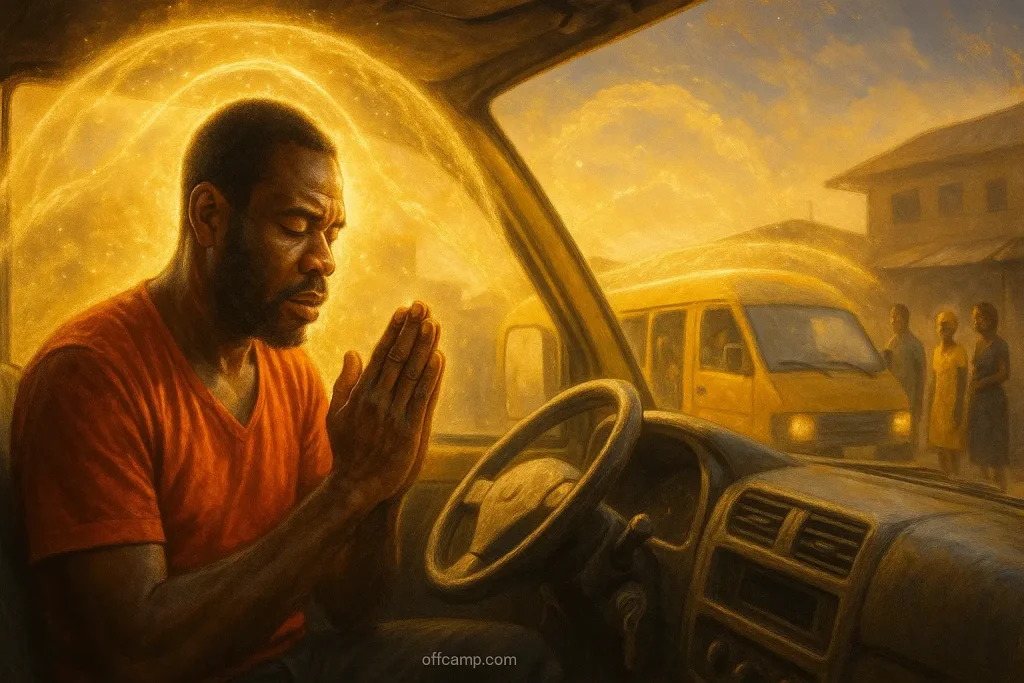 Vehicle on Nigerian highway with divine protection from accidents and dangers during long journey
