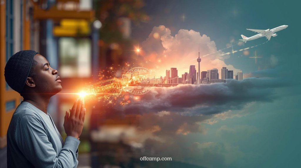 Nigerian dreaming of relocation abroad with prayer connecting earth to heaven for visa approval and japa success