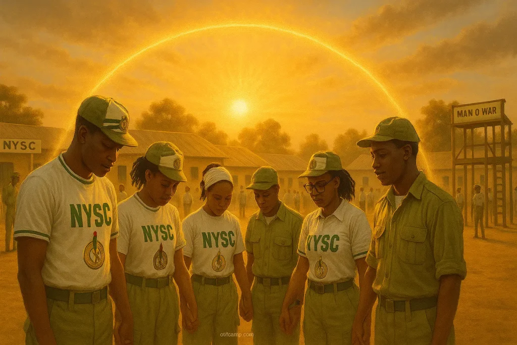 Nigerian NYSC corps member in white uniform praying with divine light and protection covering service year journey