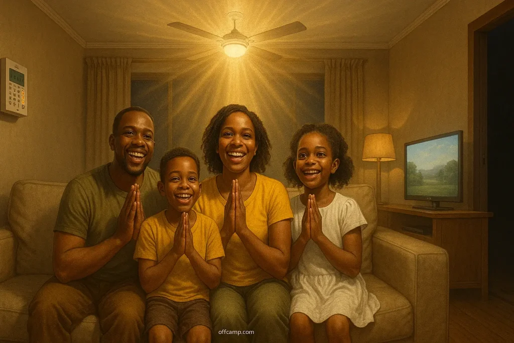 Nigerian family celebrating constant NEPA light with prayer showing divine intervention in power supply