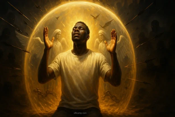 African person praying surrounded by divine protection shield against spiritual and physical enemies