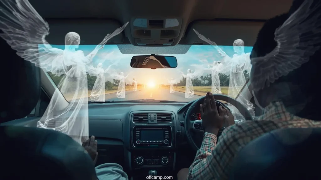 Traveler praying for protection with angels guiding vehicle on Nigerian road preventing robbery attacks